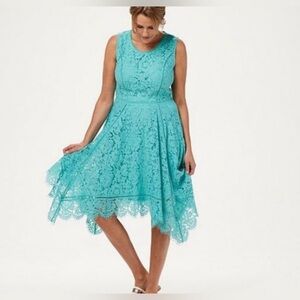Isaac Mizrahi Live! Teal Handkerchief Hem Lace Dress